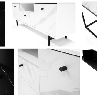 witryna 90 dwudrzwiowa na nóżkach Veroli 05 niska biała czarna marmur przeszklona z szybą szafka komoda do pokoju salonu