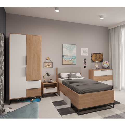 zestaw mebli systemowych Landro 4 łóżko jednoosobowe komoda szafa biały / hikora do pokoju sypialni