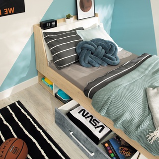 łóżko 120x200 z szufladami nowoczesne Step 12 młodzieżowe duże 120 szerokie dąb biszkoptowy + biały + beton do pokoju sypialni