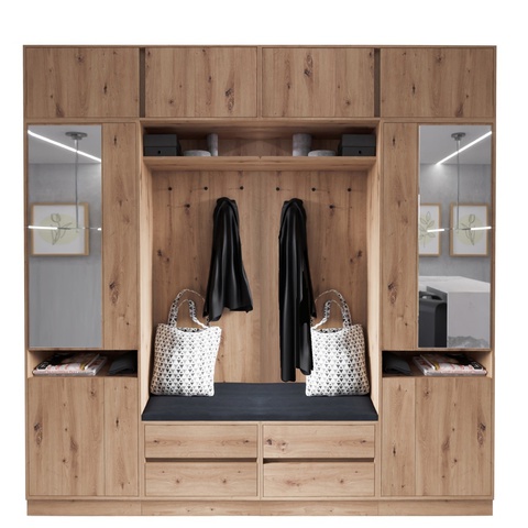 garderoba 240 z siedziskiem wysoka duża ARTI zestaw lustro szuflady półki wieszaki dąb artisan do przedpokoju biura korytarz
