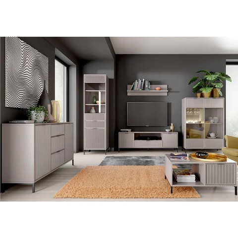 Zestaw Mebli frezowanych nowoczesnych ryflowanych LINKASTYLES A witryna komoda ława cashmere green indygo do pokoju salonu