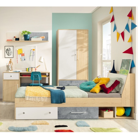 zestaw mebli młodzieży dzieci Step F łóżko biurko szafa półka komplet dla ucznia dąb biszkoptowy + biały + beton do pokoju