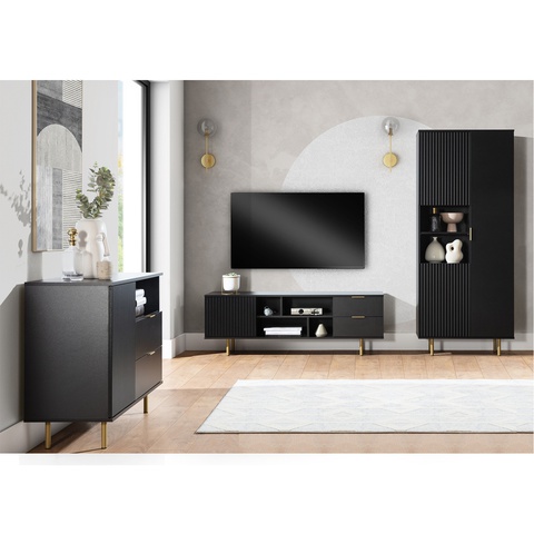 Zestaw Mebli pokojowych NUBIA 4 komplet komoda rtv szafka regał ryflowane kaszmir cashmere czarny do pokoju salonu