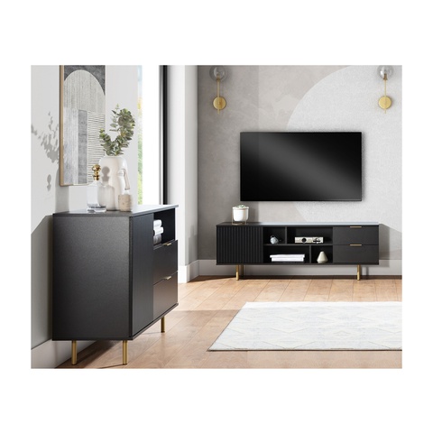 Zestaw Mebli pokojowych NUBIA 8 komplet mały komoda rtv szafka frezowana na nóżkach ryflowane cashmere czarny do pokoju salonu