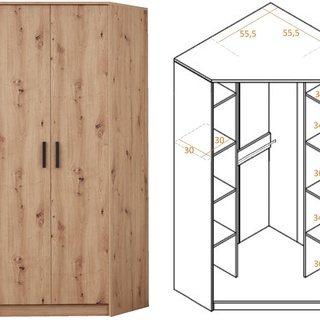 zestaw narożna garderoba Grant 34 wysoka duża półki szuflady drążki