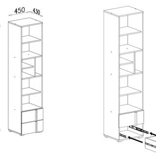 regał 45 otwarty Remo 05 słupek półki szuflady na zabawki książki