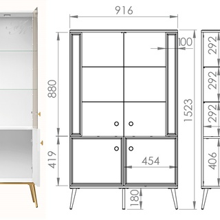 zestaw mebli na złotych nogach Goldin A meblościanka komoda witryna komplet biała w połysku glamour do salonu pokoju