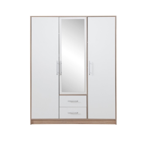 Szafa 150 trzydrzwiowa SMART SRL2 z lustrem półkami drążkiem sonoma + biały do sypialni pokoju