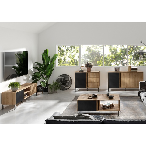 Zestaw Mebli loft frezowanych ryflowanych MIA 5 komoda szafka rtv ława na nóżkach komplet dąb odwieczny czarny do pokoju salonu