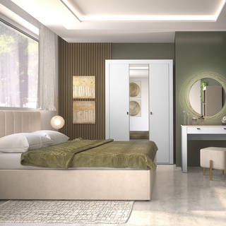szafa 137 z lustrem Mossa 02 glamour duża trzydrzwiowa z półkami drążkiem biały do pokoju sypialni salony korytarz