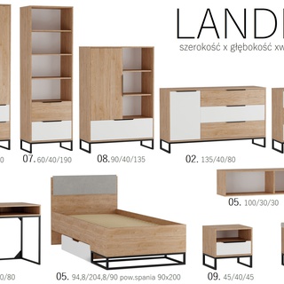 zestaw nowoczesny Landro 6 loft łóżko 90 komoda do pokoju sypialni