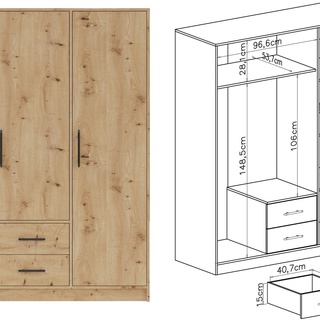 szafa 150 trzydrzwiowa z półkami szufladami drążkiem Smart SR2 uchylna garderoba artisan do pokoju sypialni przedpokoju korytarz