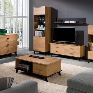 zestaw mebli nowoczesnych na nóżkach John 3 komplet loft komoda witryna szafka rtv ława dąb lefkas czarny do salonu pokoju