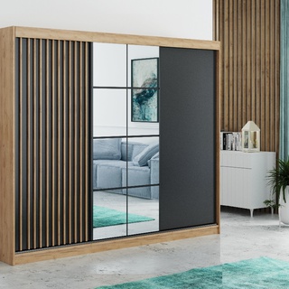 szafa 250 przesuwna loft Rocco z lustrem lamelami półkami drążkami