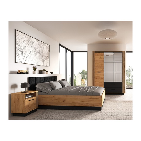 Zestaw Mebli sypialnia loft URSO D łóżko 160 stoliki nocne szafa z lustrem szufladami dąb craft złoty czarny do pokoju sypialni