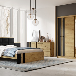 łóżko 160 z lamelami szafkami nocnymi zagłówkiem tapicerowanym Molto B 160x200 nowoczesne artisan - czarny loft do sypialni