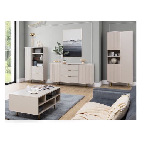 Zestaw Mebli pokojowych NUBIA 3 komoda regał ława na nóżkach ryflowane cashmere czarny do pokoju salonu