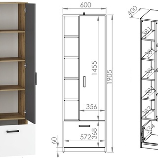 zestaw mebli komplet Fini 05 regał duża szafa biurko biały + antracyt + dąb artisan do pokoju