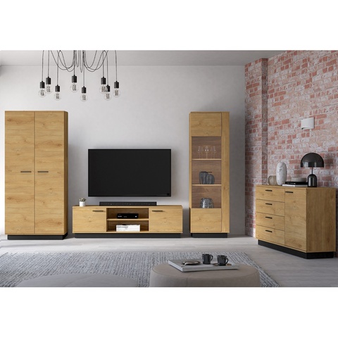 Zestaw loft MODESTO 8 komoda witryna rtv szafa dąb czarny do pokoju salonu
