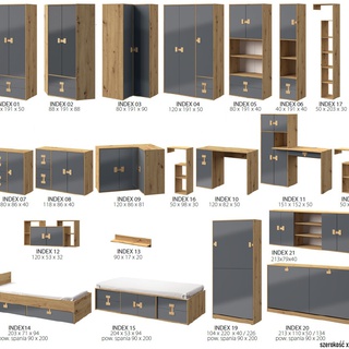 regał 40 wąski zamykany Index 06 z szufladami słupek na zabawki