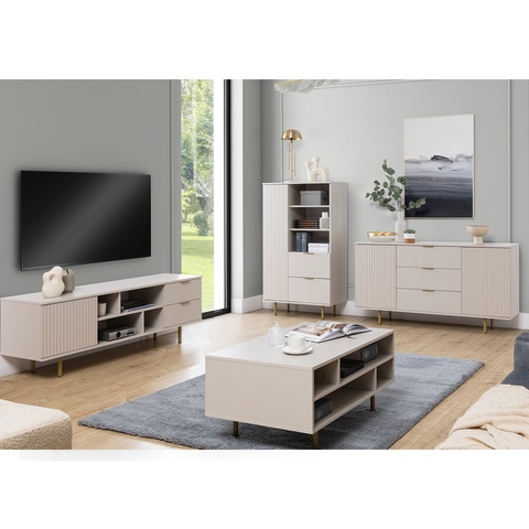 Zestaw Mebli pokojowych NUBIA 5 komoda szafka rtv regał ława na nóżkach ryflowane cashmere czarny do pokoju salonu