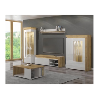 zestaw meblościanka Theo 4 witryna komoda rtv ława biała +dąb