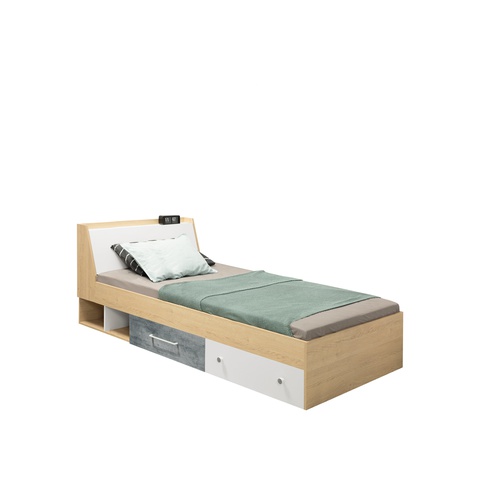 łóżko 120x200 z szufladami nowoczesne Step 12 młodzieżowe duże 120 szerokie dąb biszkoptowy + biały + beton do pokoju sypialni