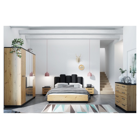 Zestaw Mebli sypialnianych INES 3 łóżko podnoszone szafa z lustrem szufladami komoda loft dąb artisan + czarny do sypialni