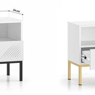szafka 50 z szufladą nocna na płozach frezowana Clearing 05P stolik nocny na nóżkach biała złoty czarny do sypialni pokoju