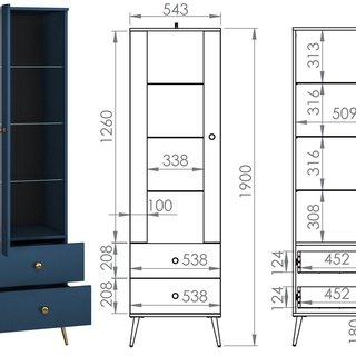 witryna 55 z szufladami na nóżkach Marine 01 wąska granatowa słupek z szybą zamykany regał do pokoju salonu