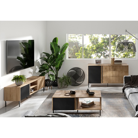 Zestaw Mebli nowoczesnych loft MIA 6 komoda szafka rtv ława komplet frezowany ryflowany dąb odwieczny czarny do pokoju salonu