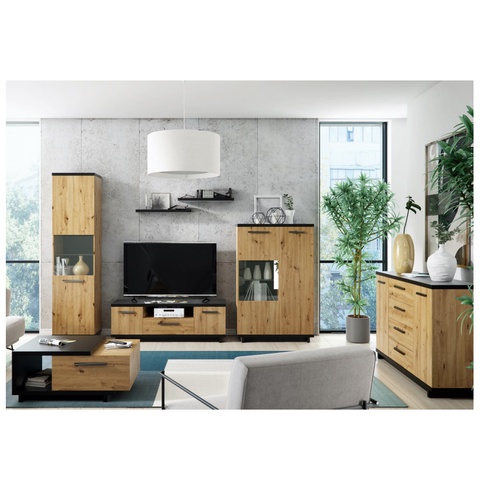 Zestaw Mebli pokojowych INES 8 komoda rtv ława witryna loft komplet dąb artisan + czarny do pokoju salonu