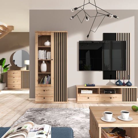 Zestaw Mebli z lamelami na nóżkach CALI 1 komplet witryna komoda rtv panel ława loft artisan czarny do pokoju salonu