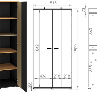 szafa 92 dwudrzwiowa ubraniowa z półkami na nóżkach Colt 02 z półkami drążkiem loft dąb craft + czarny + stal do pokoju sypialni