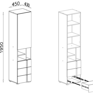 regał 45 wąski wysoki Remo 03 słupek z szufladami półkami do pokoju