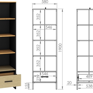 regał 60 otwarty z szufladą na nóżkach Colt 03 słupek loft dąb craft + czarny + stal do pokoju biura salonu