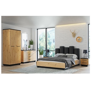 łóżko 160x200 podnoszone z zagłówkiem tapicerowanym Ines IN 160 sypialniane loft nowoczesne dąb artisan + czarny do sypialni