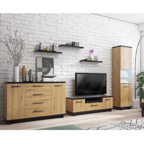 Zestaw Mebli pokojowych INES 11 meblościanka loft komoda rtv szafka witryna komplet dąb artisan + czarny do pokoju salonu