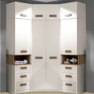 zestaw mebli wysoka narożna garderoba z szufladami Grant 14 duża pojemna rogowa szafa regał biały do pokoju sypialni przedpokoju