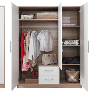 szafa 150 trzydrzwiowa Smart SR2 garderoba z szufladami drążkiem półkami sonoma + biały do sypialni pokoju korytarz