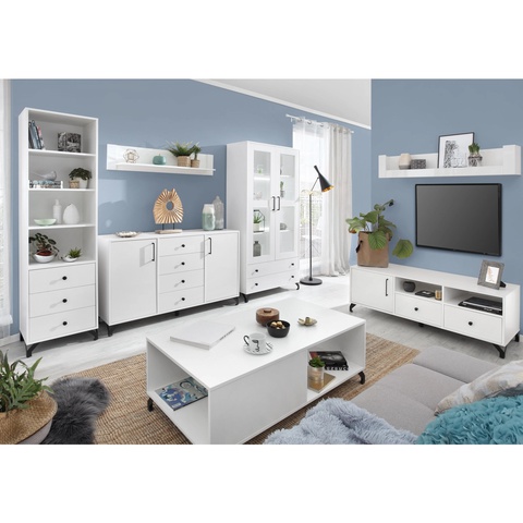 Zestaw nowoczesny na nóżkach BERGEN B1 komoda witryna ława biała