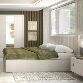 łóżko 160x200 tapicerowane Mossa 12 podnoszone z pojemnikiem zagłówkiem sypialniane małżeńskie 160 kremowe / szare do sypialni
