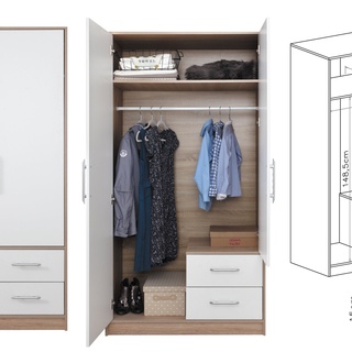 szafa 100 dwudrzwiowa ubraniowa Smart SR3 z szufladami drążkiem półką dąb sonoma + biały do pokoju przedpokoju sypialni korytarz