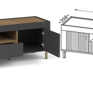 szafka 177 rtv do zawieszenia / stojąca Mossa 08 stolik pod telewizor wiszący / z nogami czarny + dąb whisky do pokoju salonu