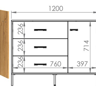 komoda 120 z szufladami półką drzwiami na nóżkach Colt 06 duża szafka loft dąb craft + czarny + stal do pokoju sypialni salonu