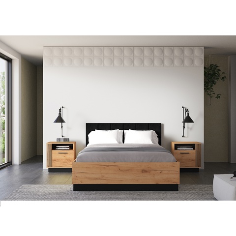 Zestaw Mebli loft URSO 9 łóżko 140 z szafkami nocnymi komplet dąb craft złoty + czarny do pokoju sypialni