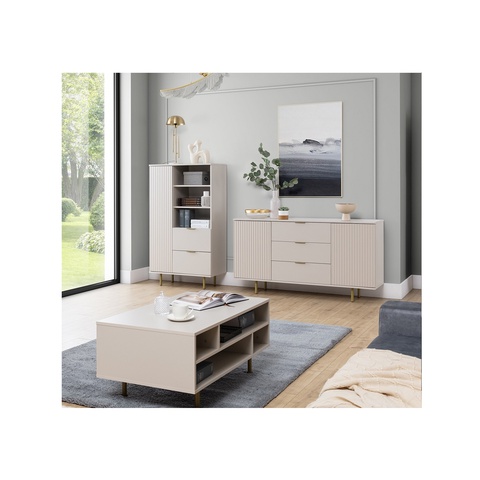 Zestaw Mebli pokojowych NUBIA 7 komoda regał ława na nóżkach ryflowane cashmere czarny do pokoju salonu