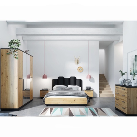 Zestaw INES 3 łóżko podnoszone szafa z lustrem szufladami komoda loft