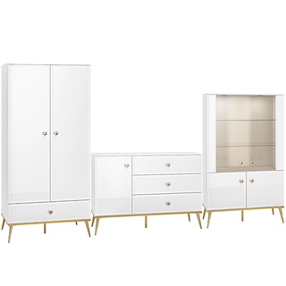zestaw glamour meblościanka Goldin C szafa komoda witryna biała