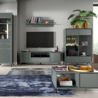 zestaw mebli nowoczesna meblościanka LINKaStyles E witryna rtv szafka ława cashmere green indygo do pokoju salonu